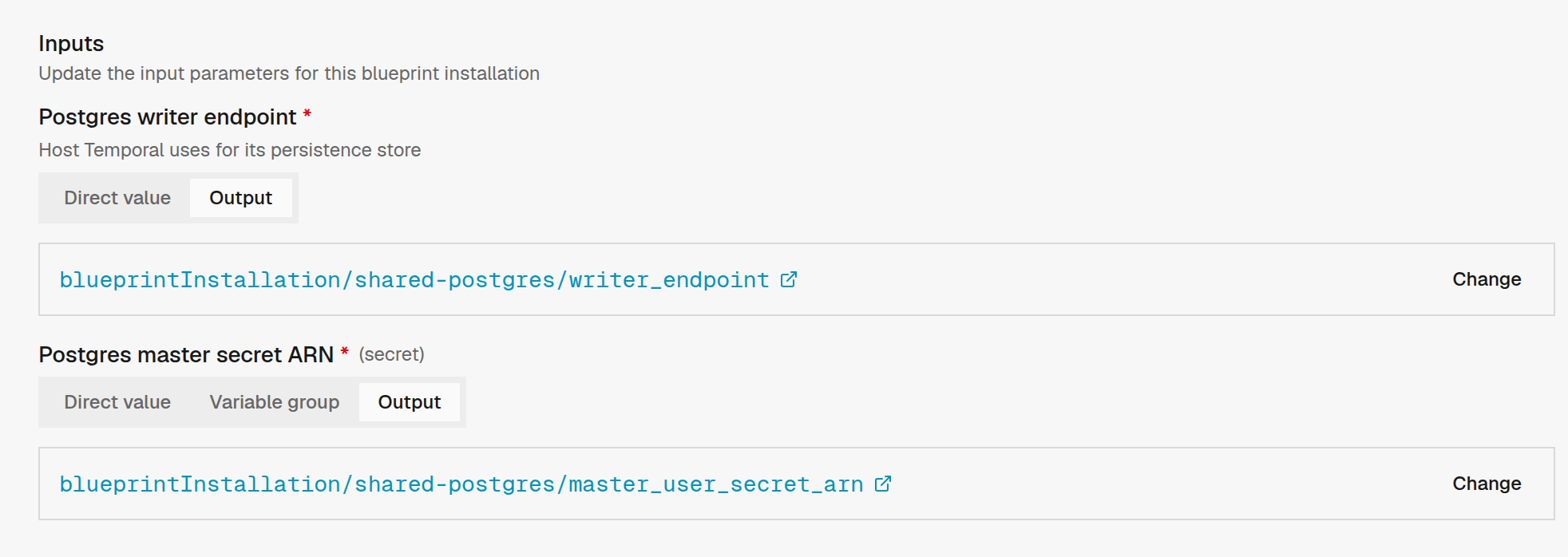 Blueprint installation edit form for a Temporal installation with the Output tab selected on its Postgres inputs, sourcing writer_endpoint and master_user_secret_arn from the shared-postgres installation