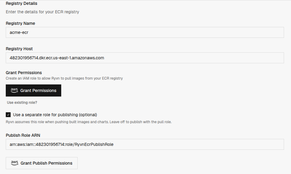Add Registry form for an ECR registry with the optional separate publishing role enabled and a Publish Role ARN filled in