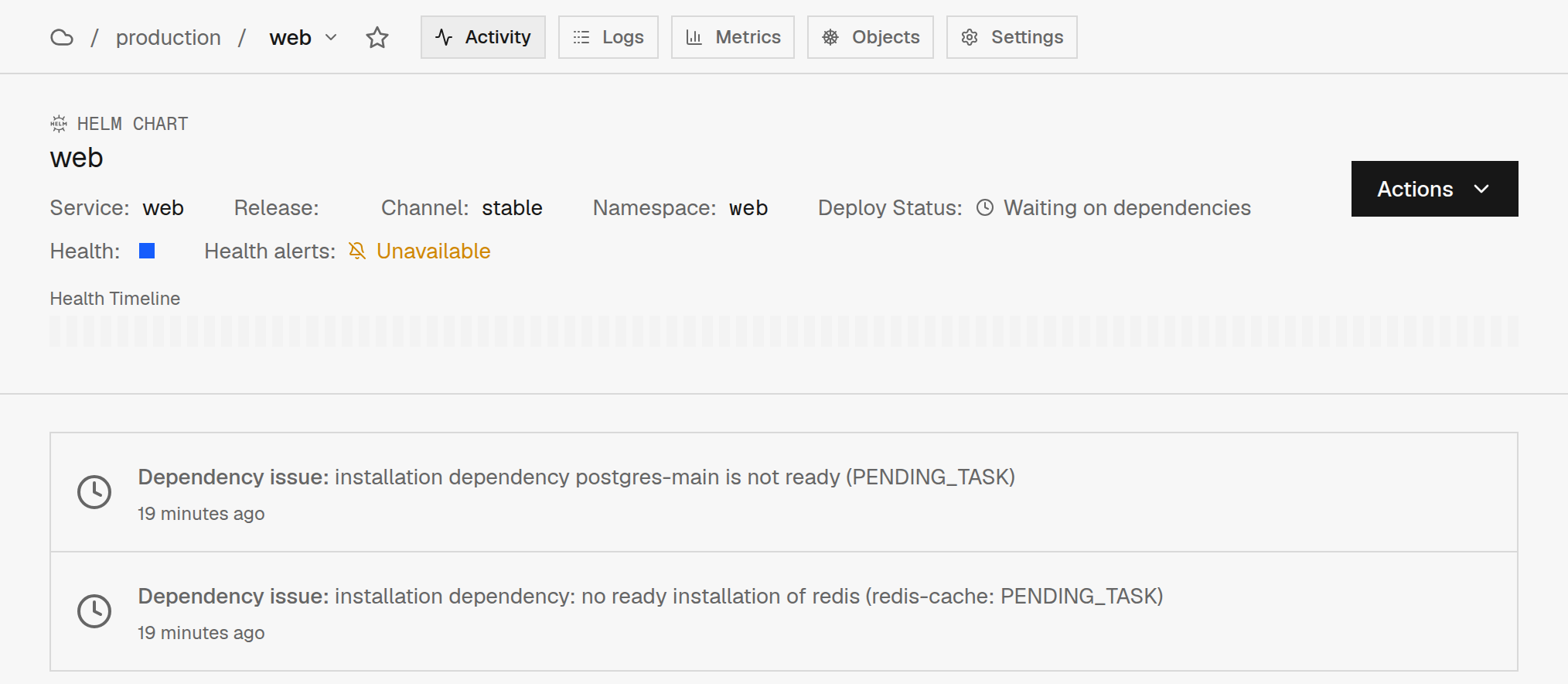 A web installation in the Ryvn dashboard with deploy status "Waiting on dependencies" and dependency issues listing the postgres-main installation and the redis service that are not ready yet